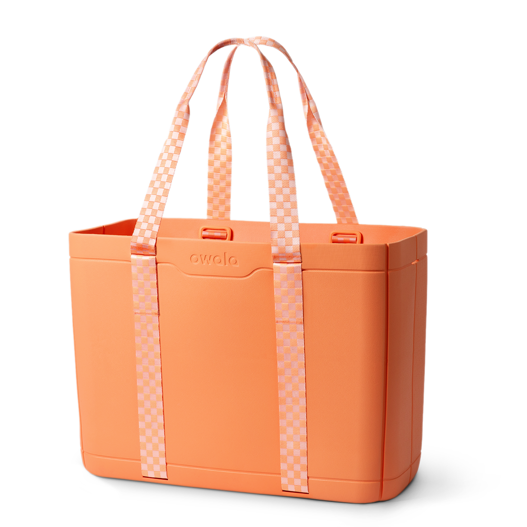 Sun-Day Collapsible Tote in Wavelength, periwinkle blue tote bag with dark navy checkerboard patterned carry loops and blue horizontal strap accent