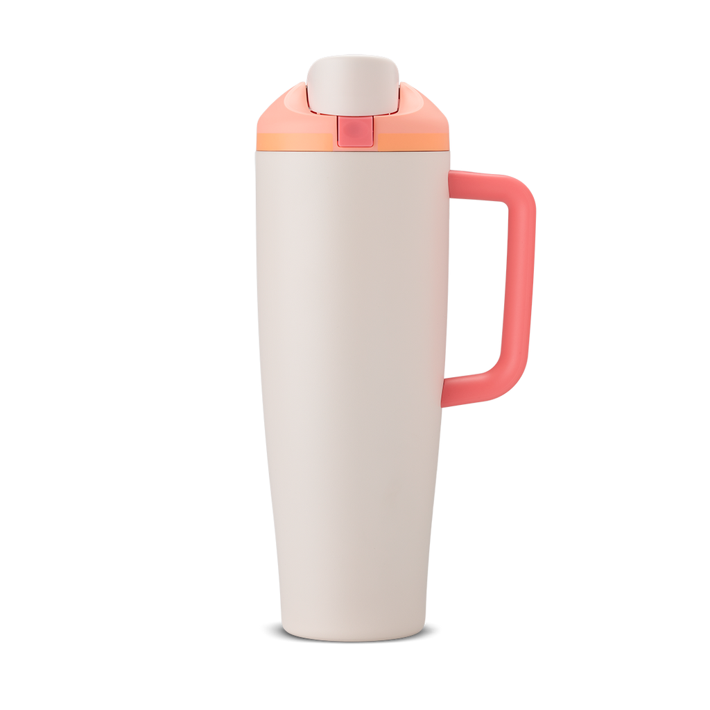 FreeSip Tumbler 30oz, soft rose pink body with matching pink lid and handle
