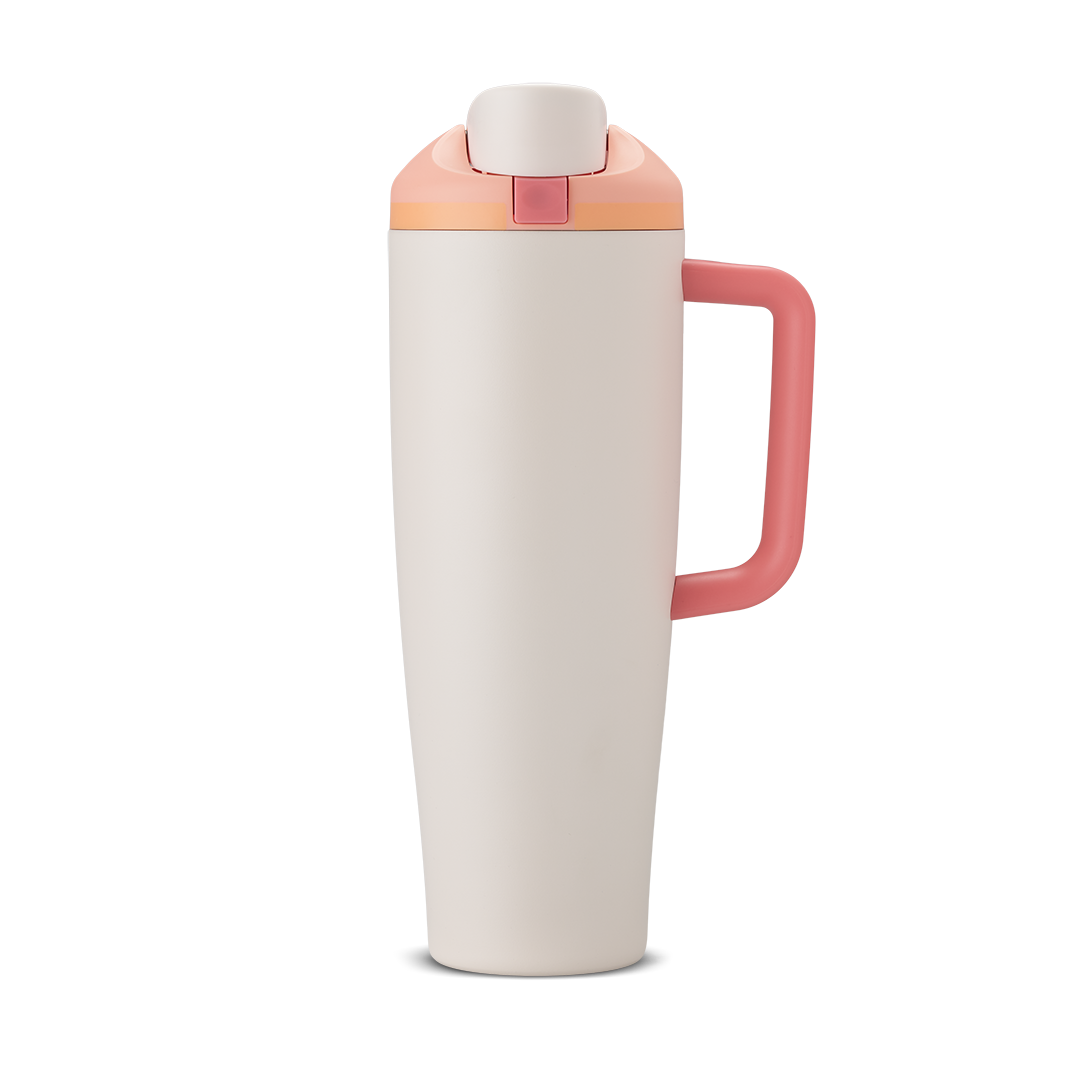 FreeSip Tumbler 30oz, soft rose pink body with matching pink lid and handle
